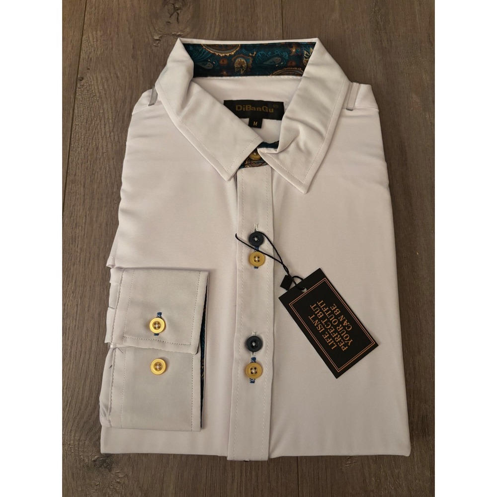 DiBanGu Mens White Dress Shirt Paisley Trim Long Sleeve Button Down Size M NEW